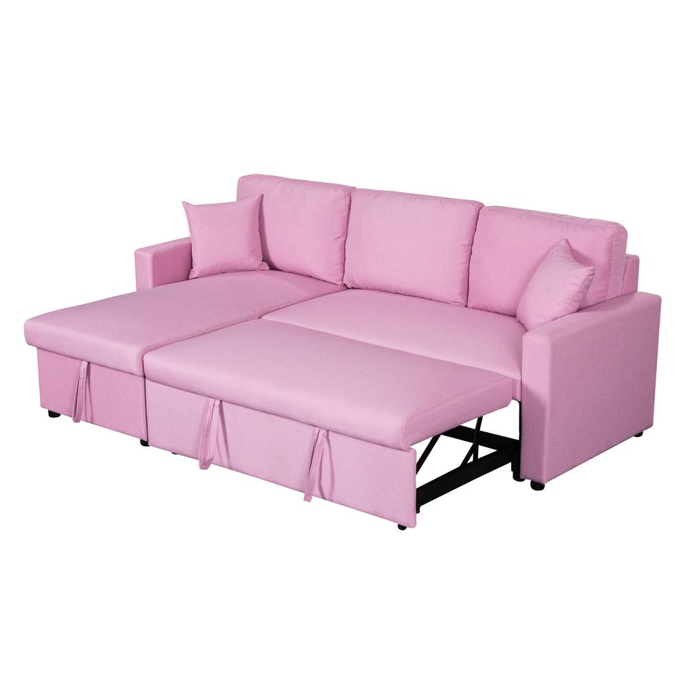 Paisley Pink Linen Fabric Reversible Sleeper Sectional Sofa with Storage Chaise. Picture 6