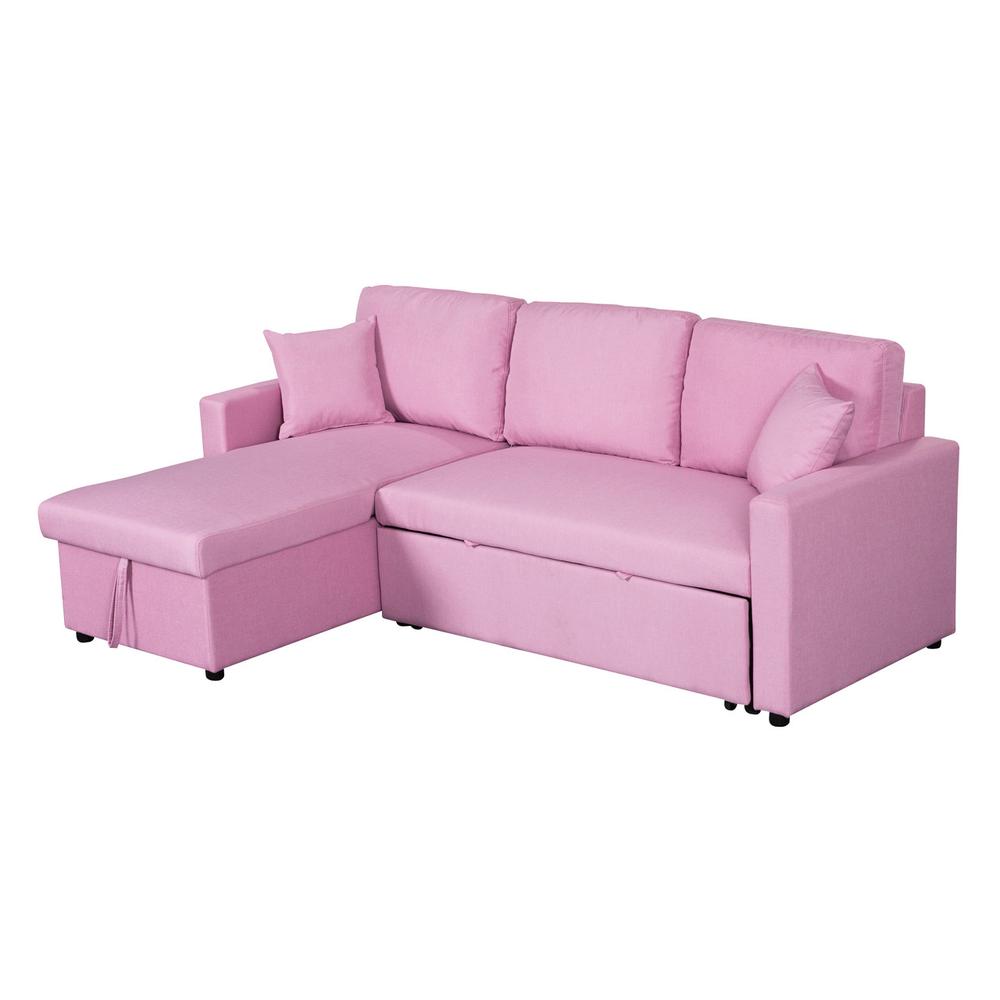 Paisley Pink Linen Fabric Reversible Sleeper Sectional Sofa with Storage Chaise. Picture 2