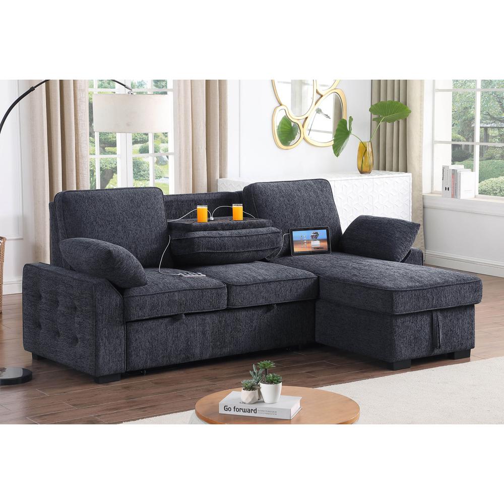 Mackenzie Dark Gray Chenille Fabric Sleeper Sectional with Right-Facing Storage Chaise. Picture 2