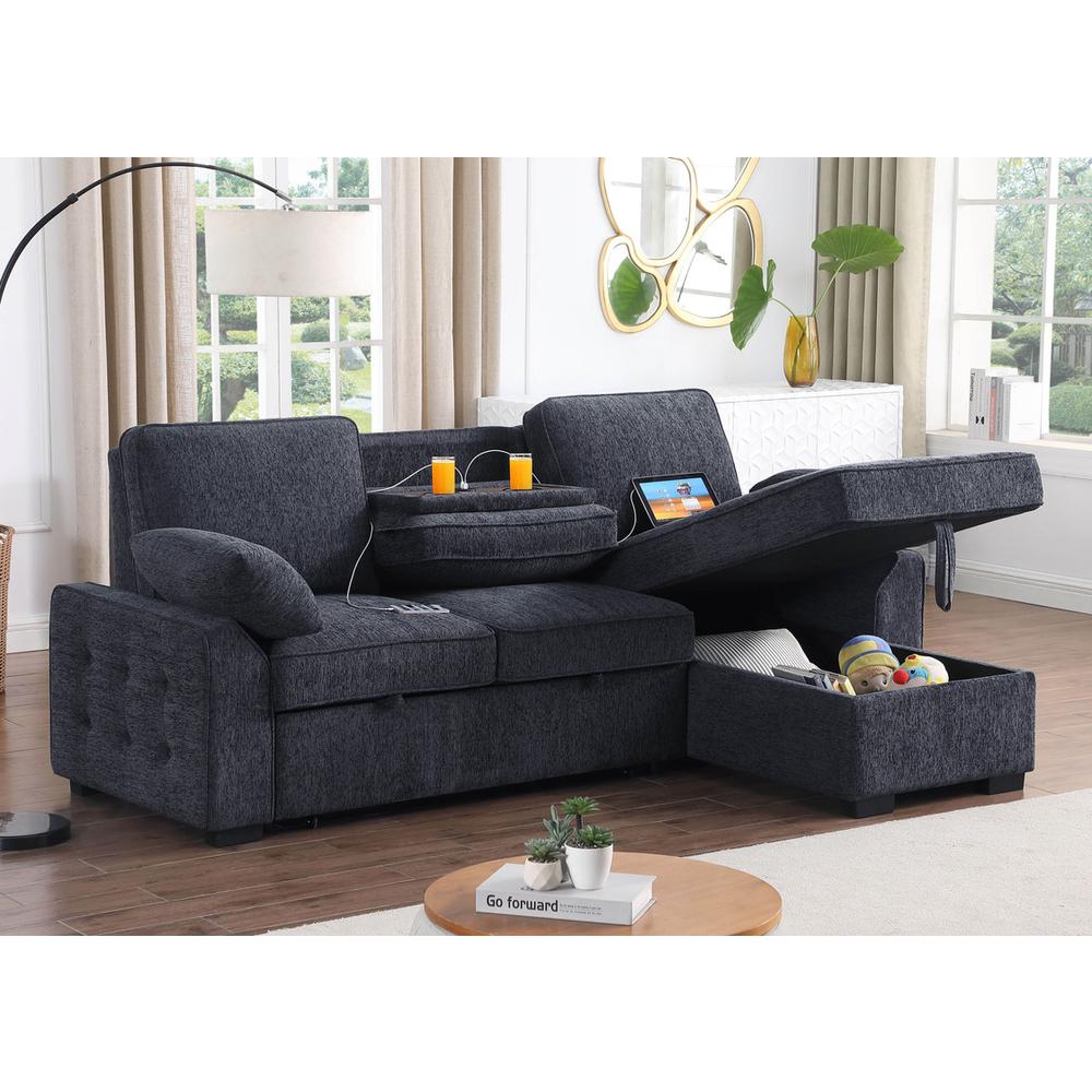 Mackenzie Dark Gray Chenille Fabric Sleeper Sectional with Right-Facing Storage Chaise. Picture 3