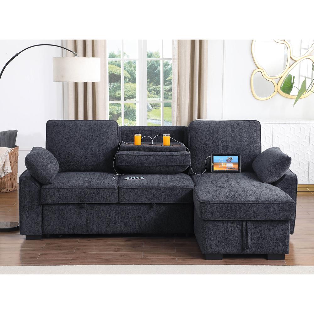 Mackenzie Dark Gray Chenille Fabric Sleeper Sectional with Right-Facing Storage Chaise. Picture 6