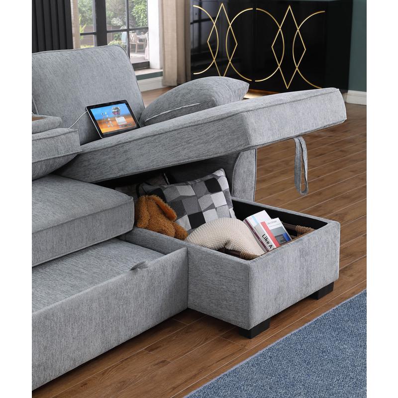 Mackenzie Light Gray Chenille Fabric Sleeper Sectional with Right-Facing Storage Chaise. Picture 10