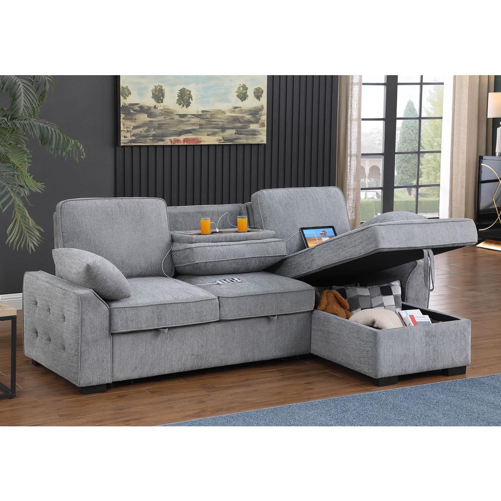 Mackenzie Light Gray Chenille Fabric Sleeper Sectional with Right-Facing Storage Chaise. Picture 3