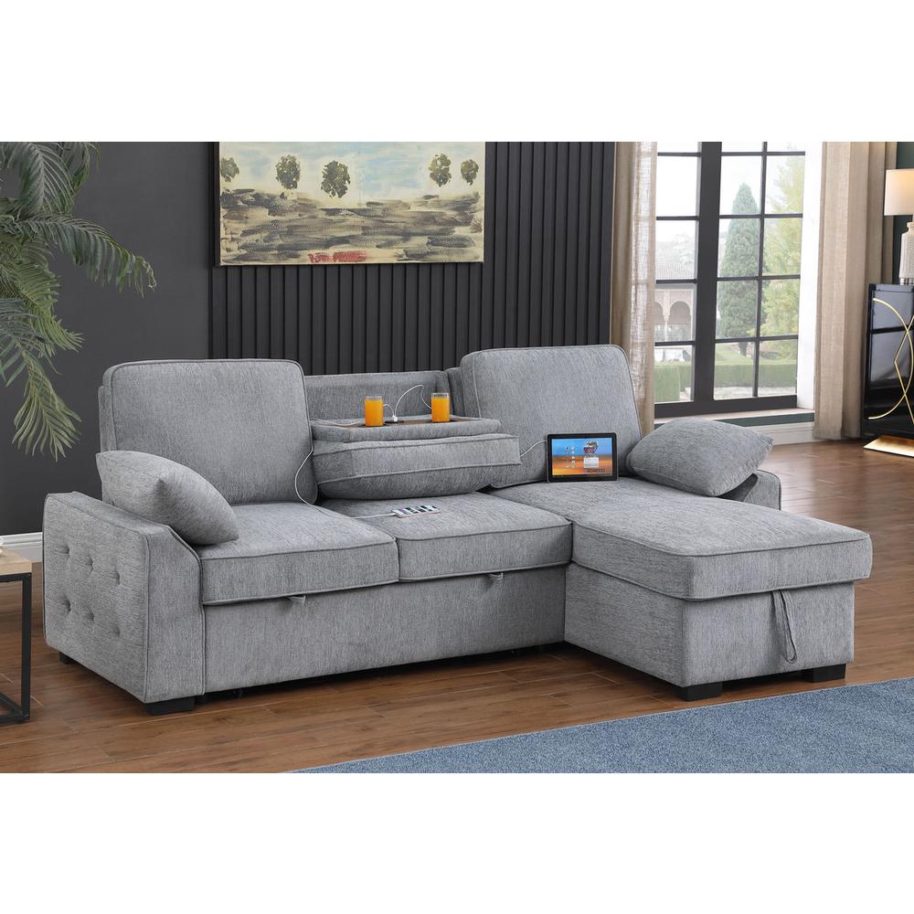 Mackenzie Light Gray Chenille Fabric Sleeper Sectional with Right-Facing Storage Chaise. Picture 2