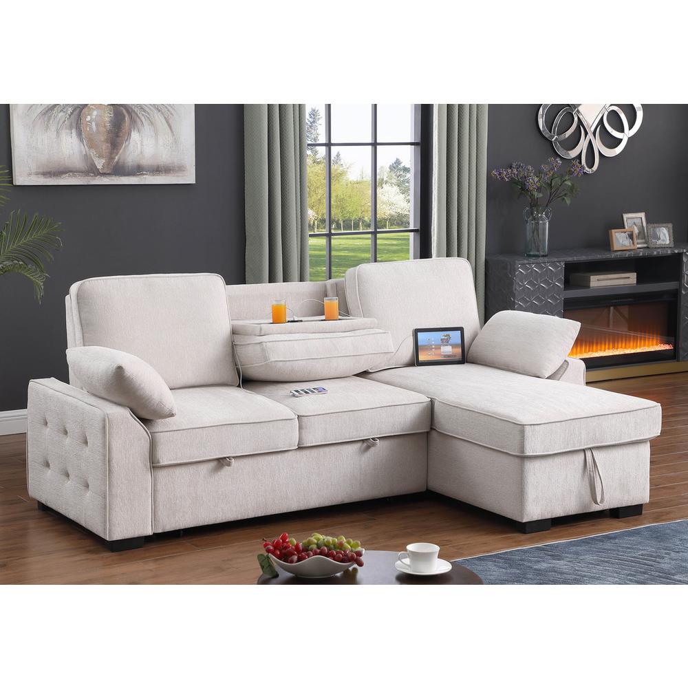 Mackenzie Beige Chenille Fabric Sleeper Sectional with Right-Facing Storage Chaise. Picture 2