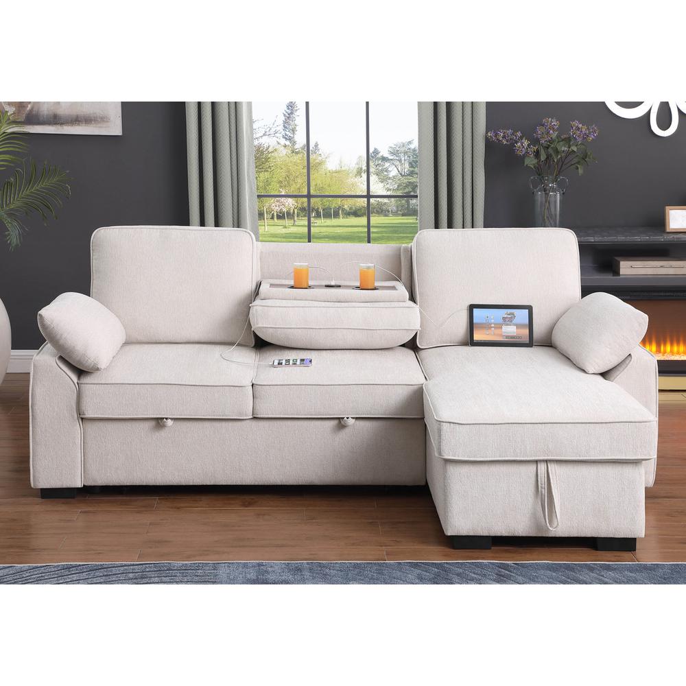 Mackenzie Beige Chenille Fabric Sleeper Sectional with Right-Facing Storage Chaise. Picture 6