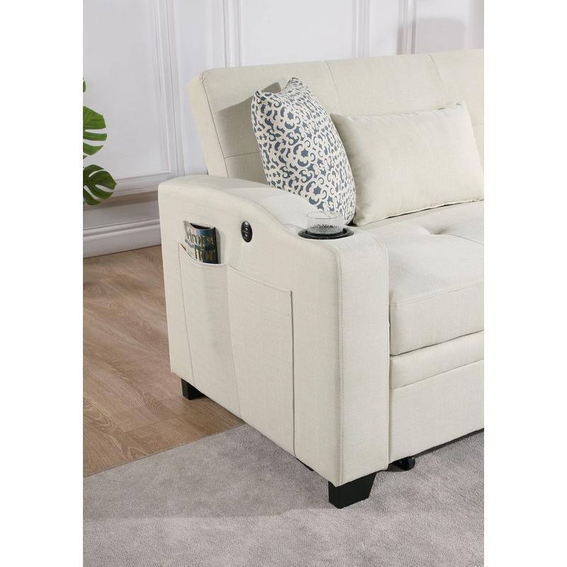 71"W Beige Fabric Convertible Sleeper Loveseat with USB Charger. Picture 8