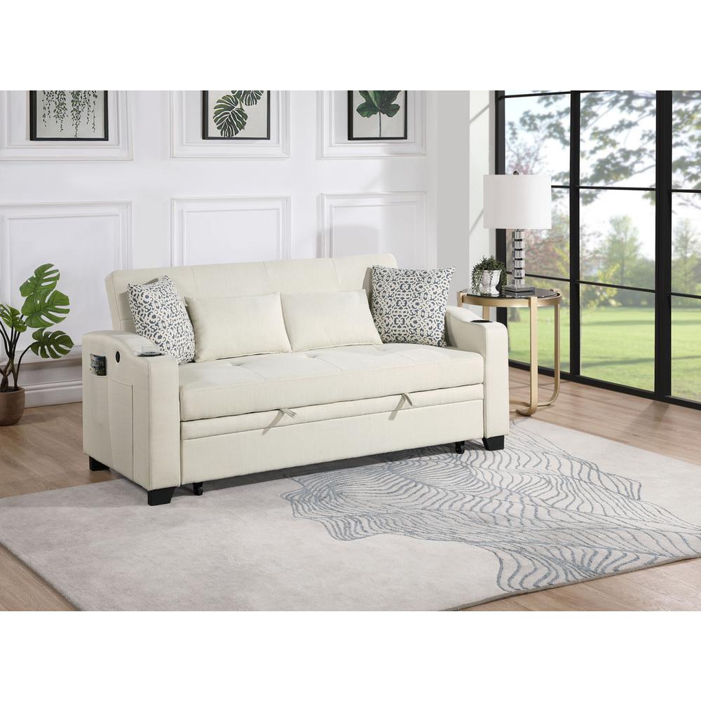 71"W Beige Fabric Convertible Sleeper Loveseat with USB Charger. Picture 4