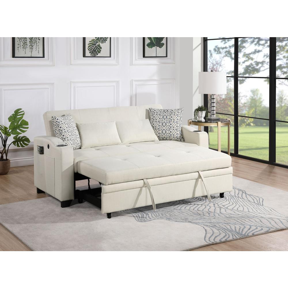 71"W Beige Fabric Convertible Sleeper Loveseat with USB Charger. Picture 2