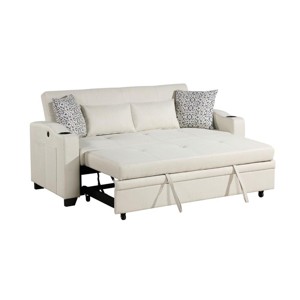 71"W Beige Fabric Convertible Sleeper Loveseat with USB Charger. Picture 6