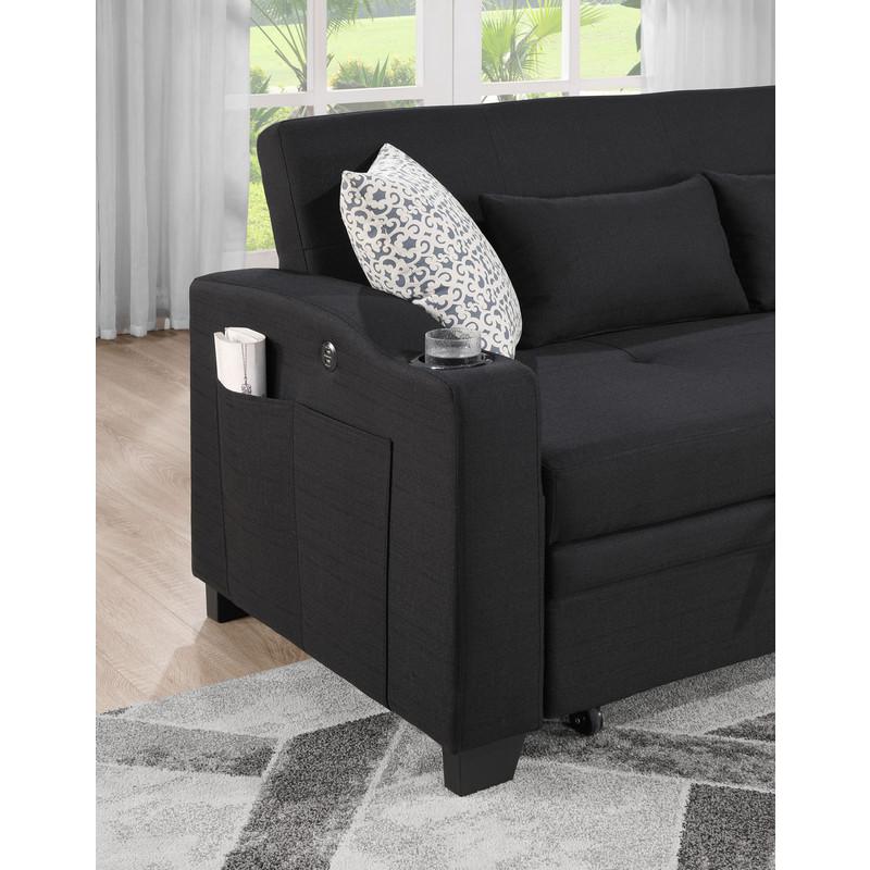 71"W Black Fabric Convertible Sleeper Loveseat with USB Charger and Cupholders. Picture 8