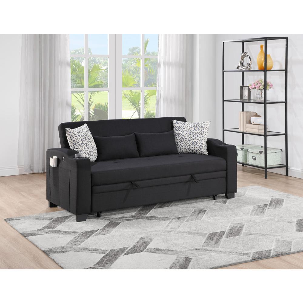 71"W Black Fabric Convertible Sleeper Loveseat with USB Charger and Cupholders. Picture 4