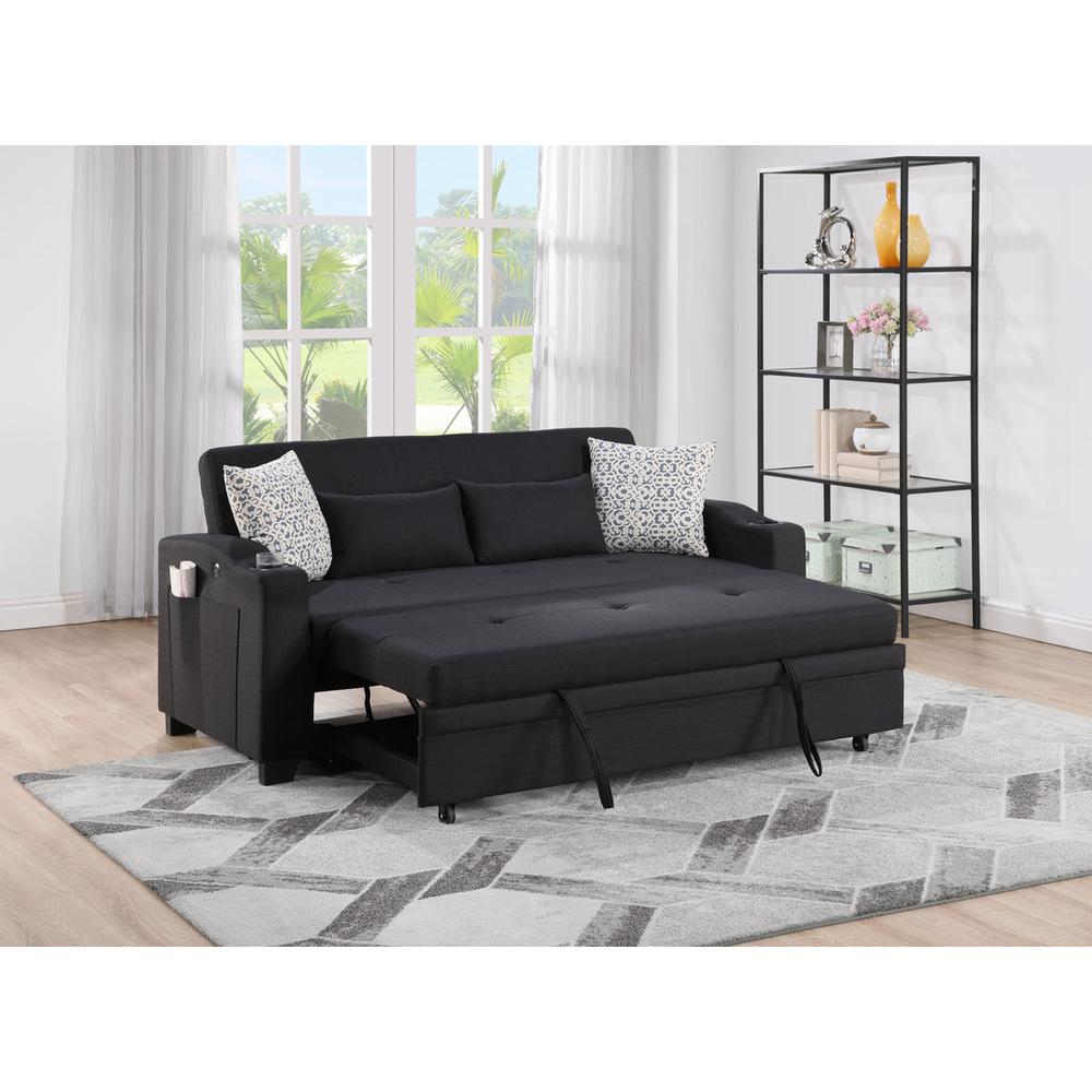71"W Black Fabric Convertible Sleeper Loveseat with USB Charger and Cupholders. Picture 2