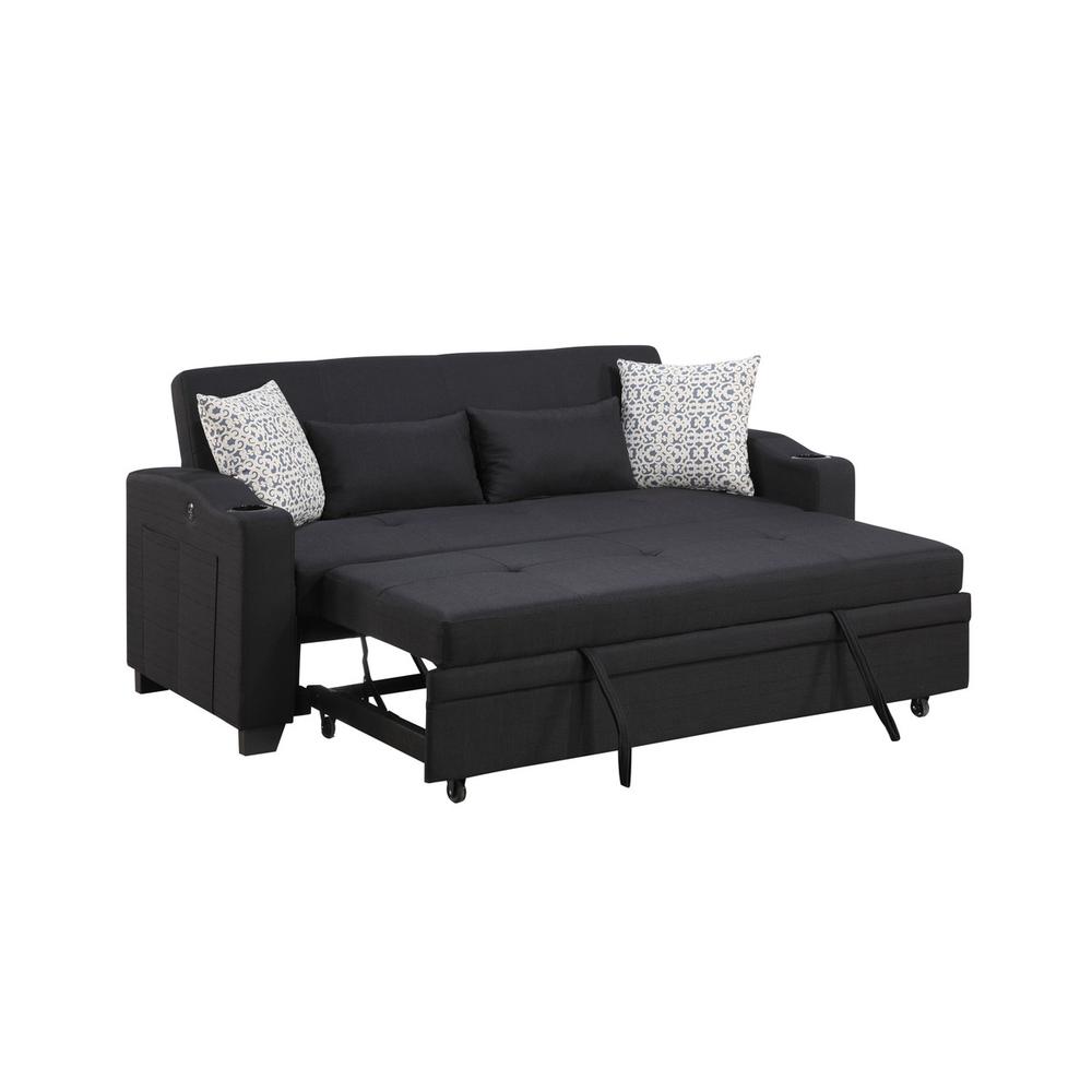71"W Black Fabric Convertible Sleeper Loveseat with USB Charger and Cupholders. Picture 6