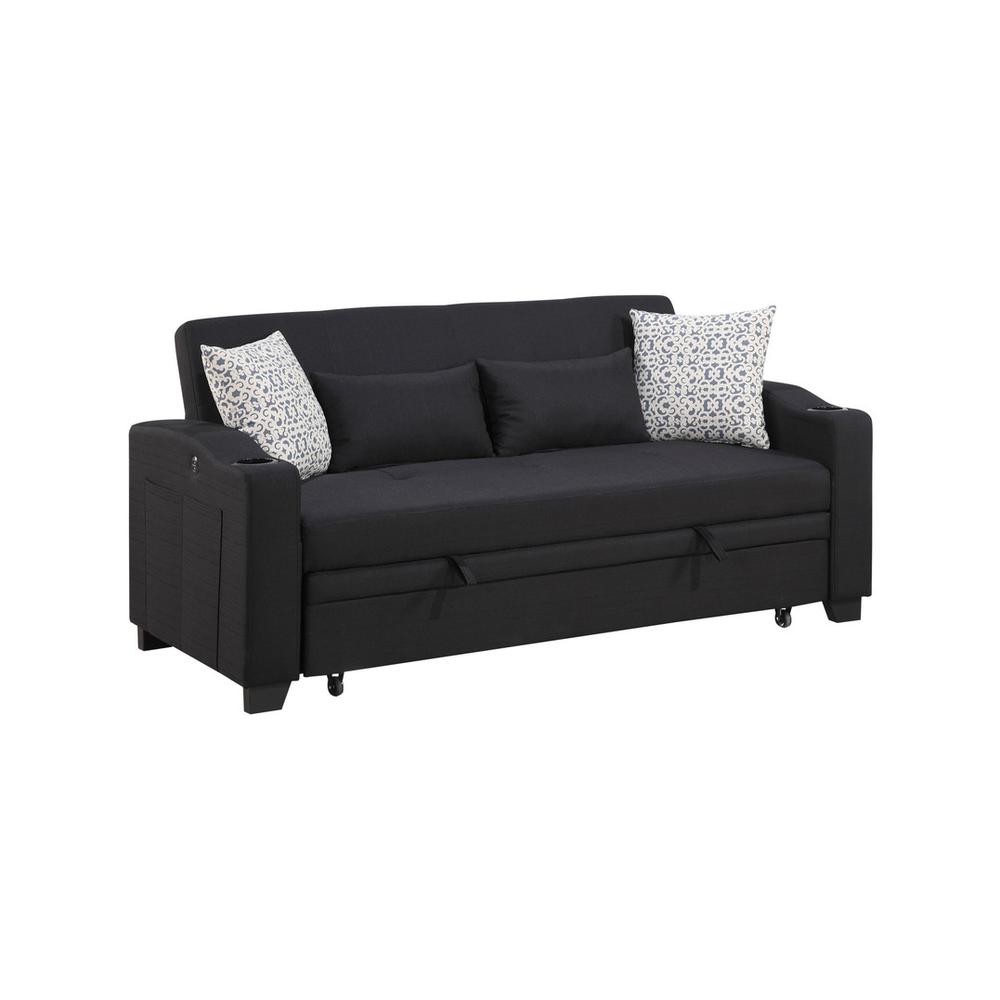 71"W Black Fabric Convertible Sleeper Loveseat with USB Charger and Cupholders. Picture 1