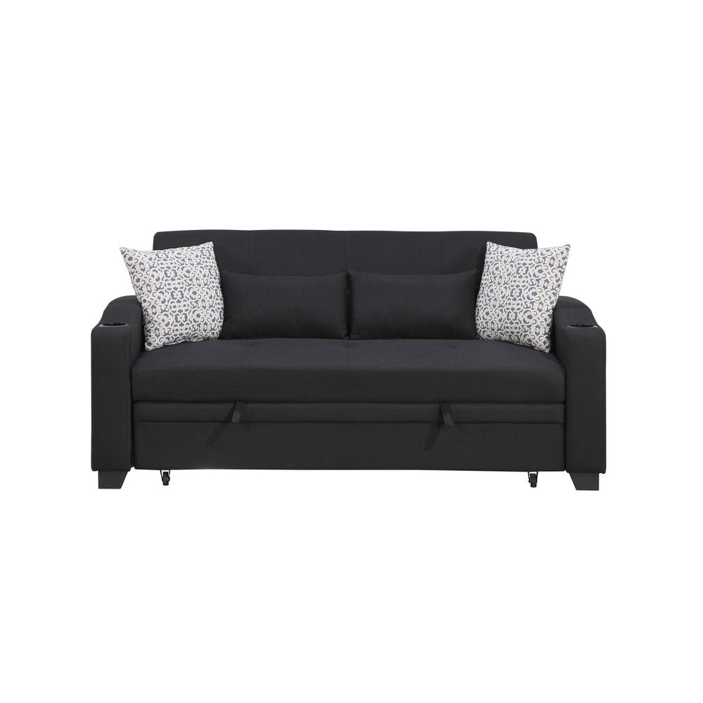 71"W Black Fabric Convertible Sleeper Loveseat with USB Charger and Cupholders. Picture 7