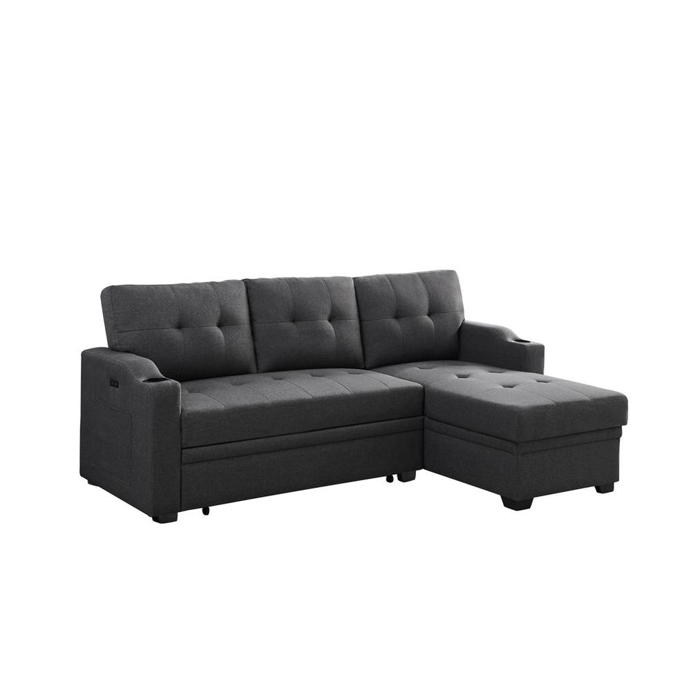 Mabel Dark Gray Linen Fabric Sleeper Sectional with cupholder, USB charging port and pocket. The main picture.