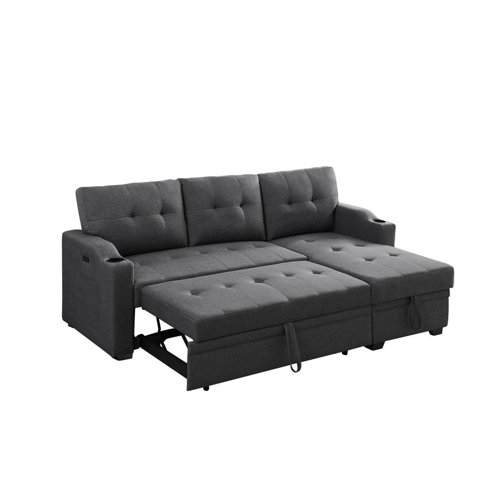 Mabel Dark Gray Linen Fabric Sleeper Sectional with cupholder, USB charging port and pocket. Picture 3