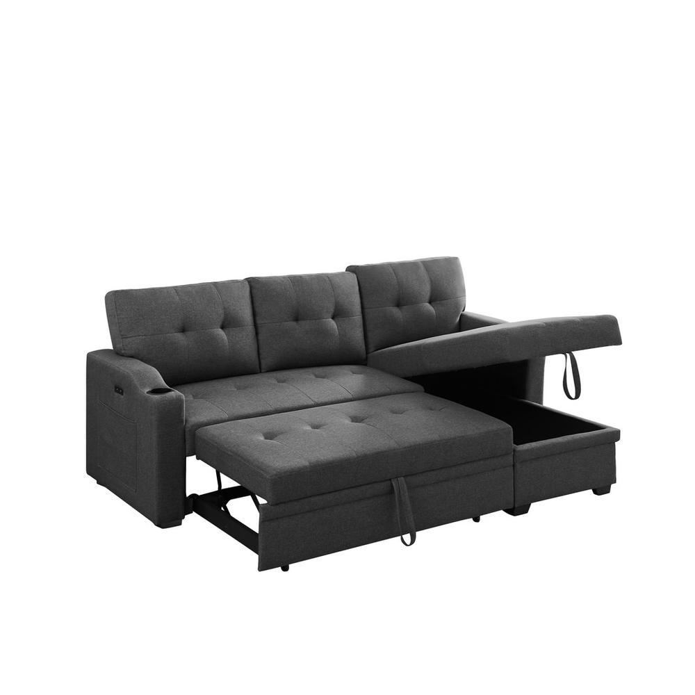 Mabel Dark Gray Linen Fabric Sleeper Sectional with cupholder, USB charging port and pocket. Picture 4