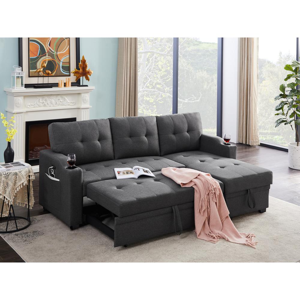 Mabel Dark Gray Linen Fabric Sleeper Sectional with cupholder, USB charging port and pocket. Picture 5