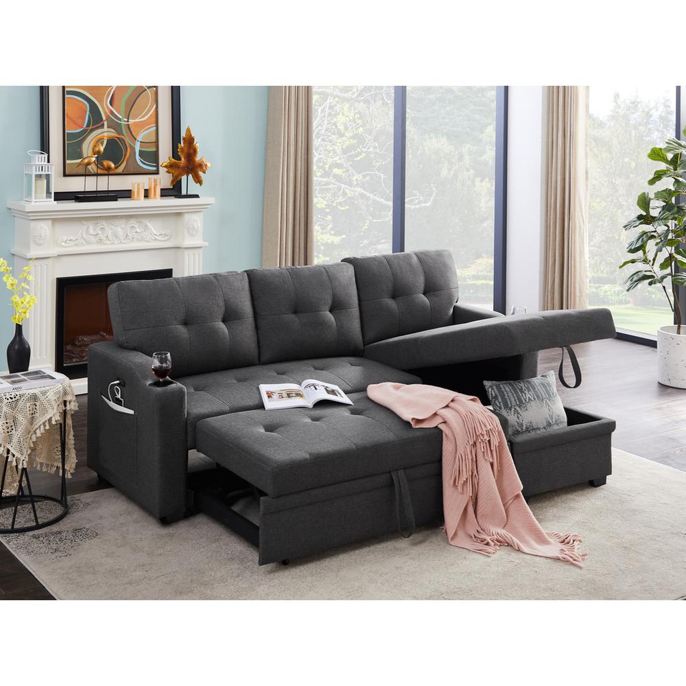 Mabel Dark Gray Linen Fabric Sleeper Sectional with cupholder, USB charging port and pocket. Picture 5