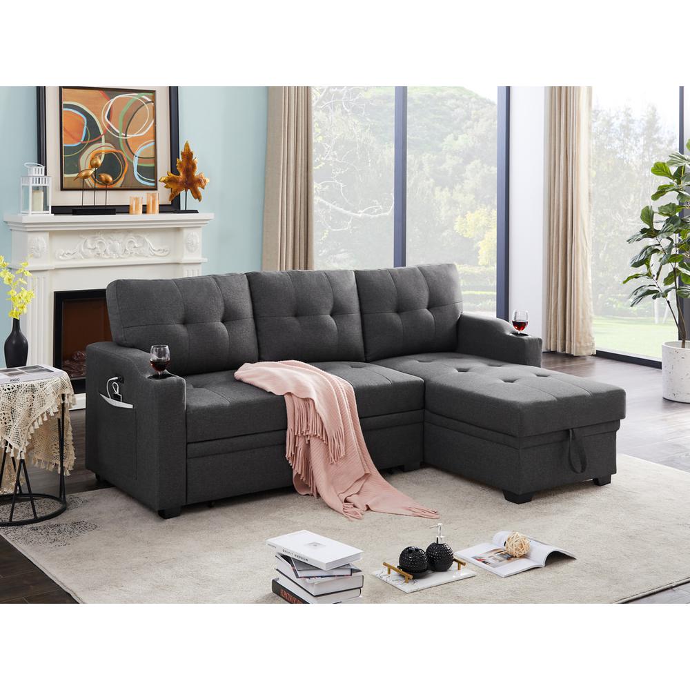 Mabel Dark Gray Linen Fabric Sleeper Sectional with cupholder, USB charging port and pocket. Picture 2