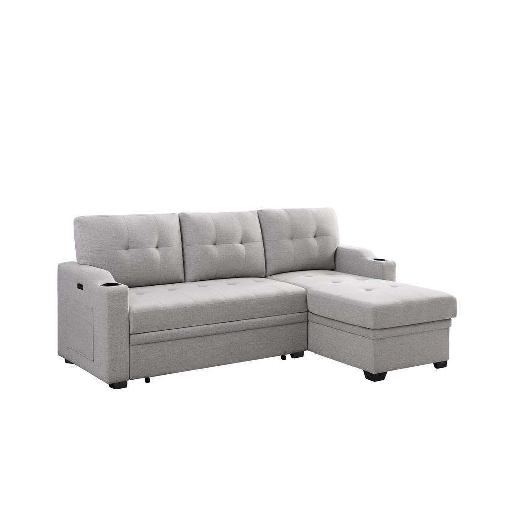 Mabel Light Gray Linen Fabric Sleeper Sectional with cupholder, USB charging port and pocket. Picture 1