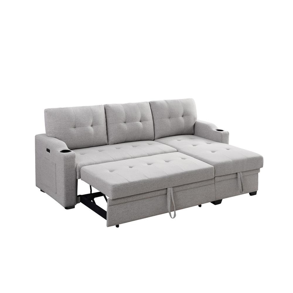 Mabel Light Gray Linen Fabric Sleeper Sectional with cupholder, USB charging port and pocket. Picture 3