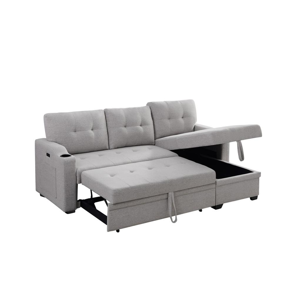 Mabel Light Gray Linen Fabric Sleeper Sectional with cupholder, USB charging port and pocket. Picture 4