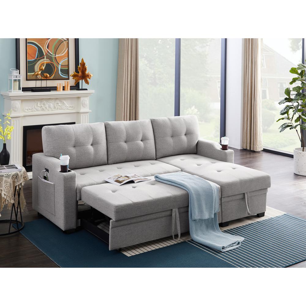 Mabel Light Gray Linen Fabric Sleeper Sectional with cupholder, USB charging port and pocket. Picture 5