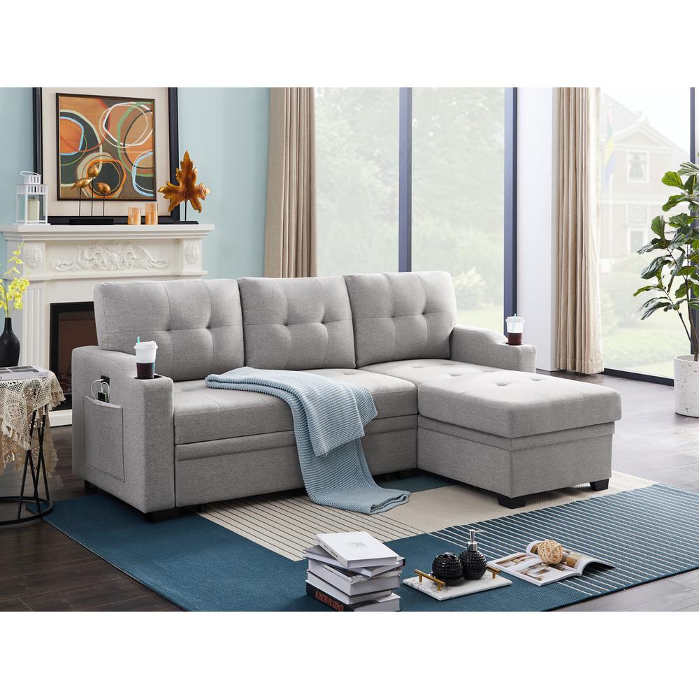 Mabel Light Gray Linen Fabric Sleeper Sectional with cupholder, USB charging port and pocket. Picture 2