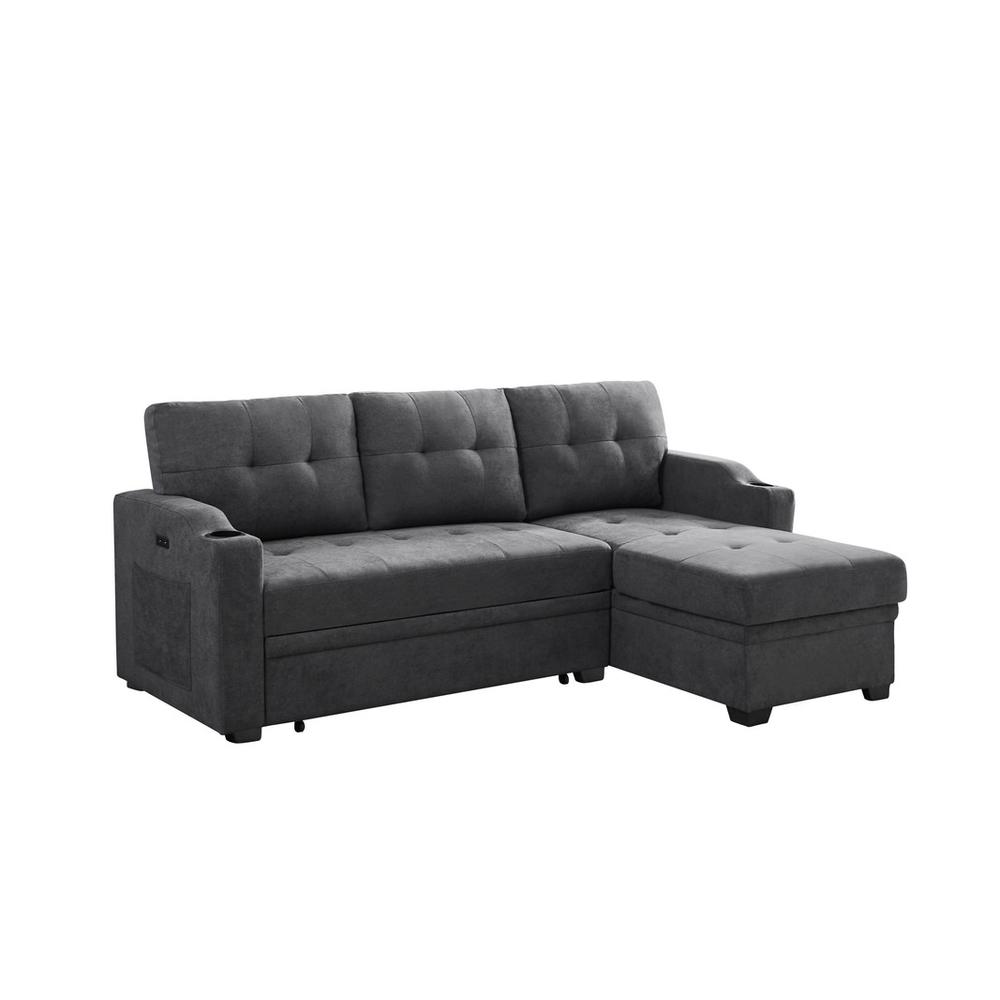Mabel Dark Gray Woven Fabric Sleeper Sectional with cupholder, USB charging port and pocket. Picture 1