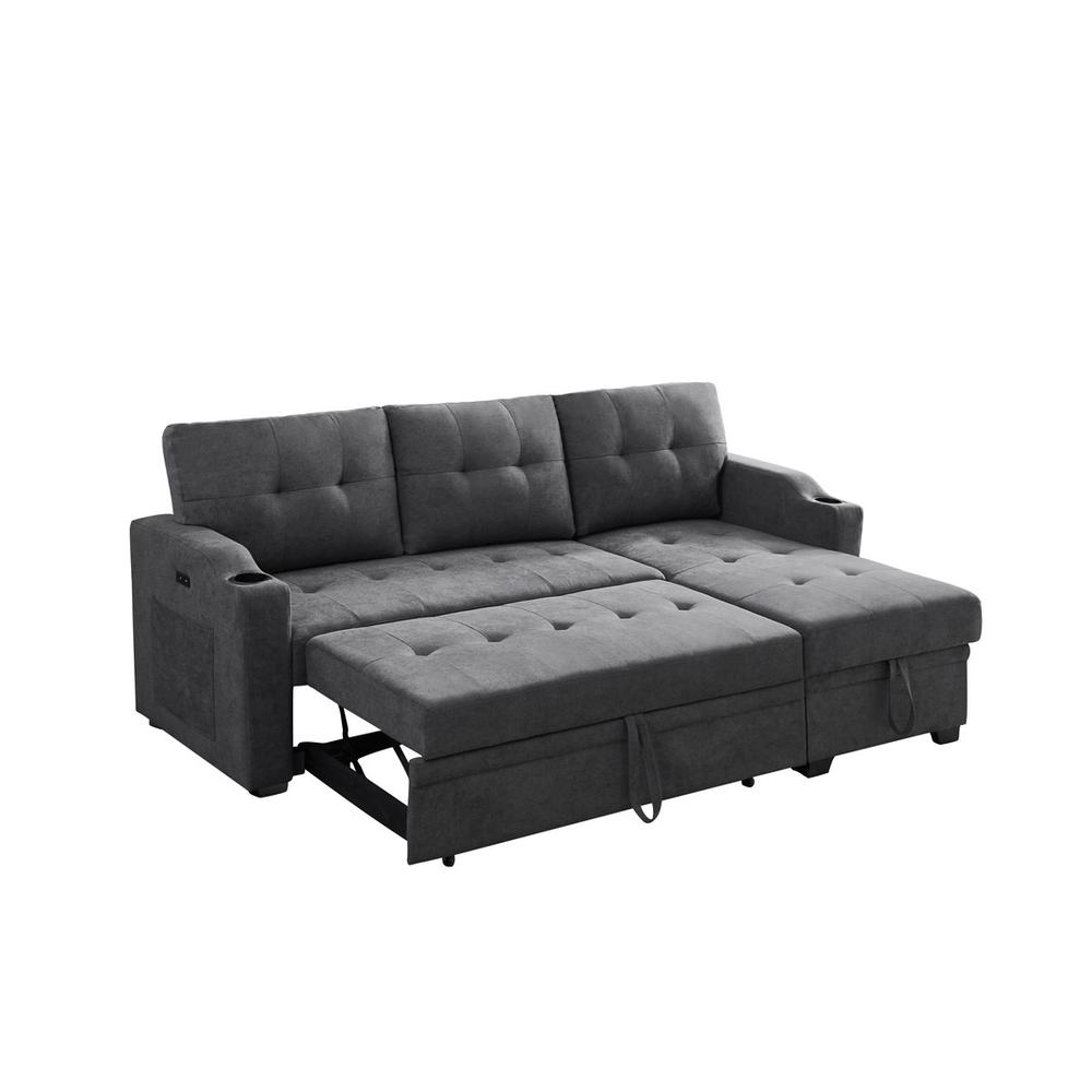 Mabel Dark Gray Woven Fabric Sleeper Sectional with cupholder, USB charging port and pocket. Picture 3