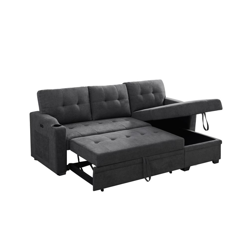 Mabel Dark Gray Woven Fabric Sleeper Sectional with cupholder, USB charging port and pocket. Picture 4