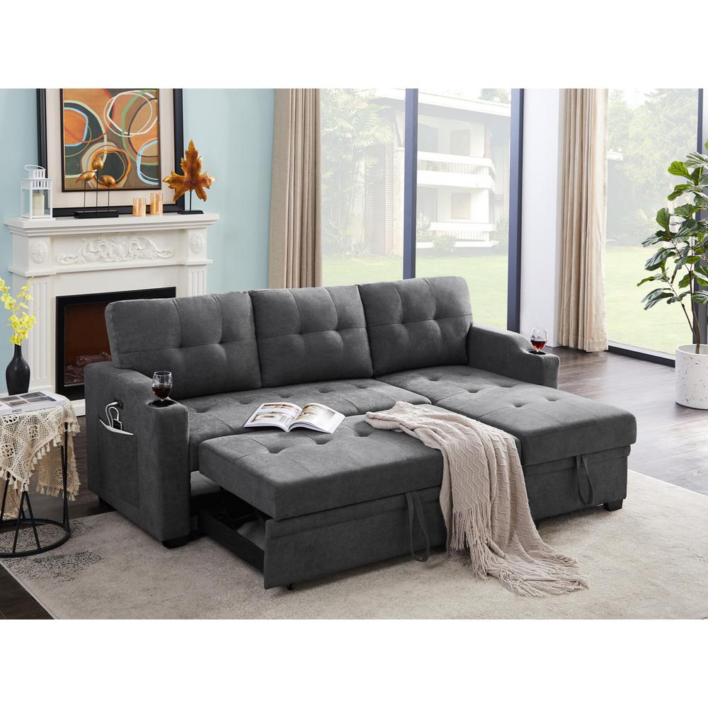 Mabel Dark Gray Woven Fabric Sleeper Sectional with cupholder, USB charging port and pocket. Picture 5