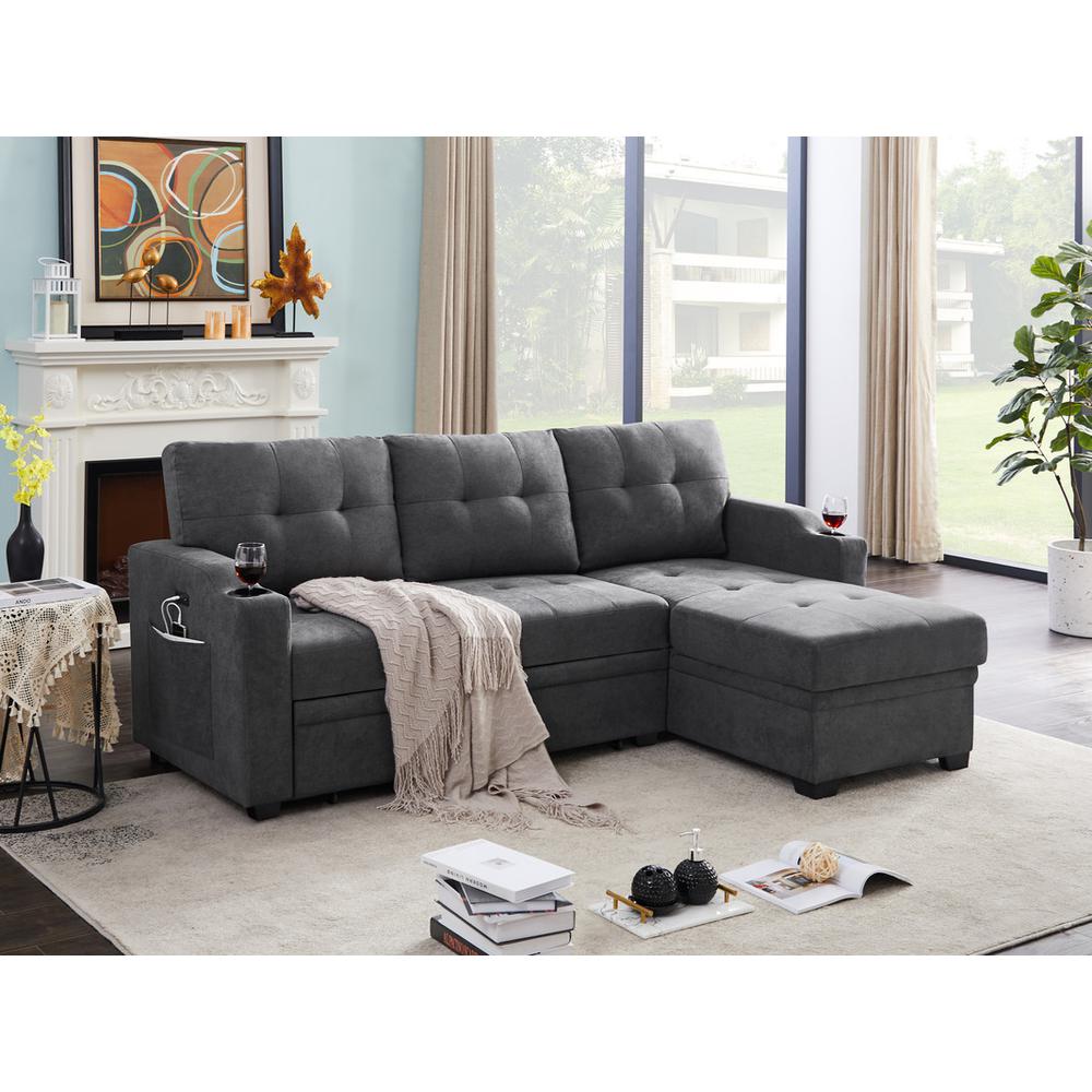 Mabel Dark Gray Woven Fabric Sleeper Sectional with cupholder, USB charging port and pocket. Picture 2