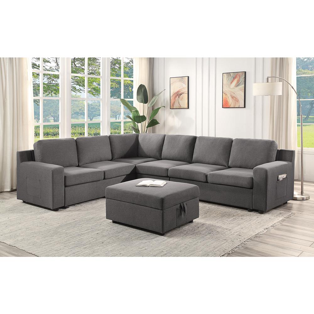 Waylon Gray Linen 7-Seater L-Shape Sectional Sofa with Storage Ottoman and Pockets. Picture 4