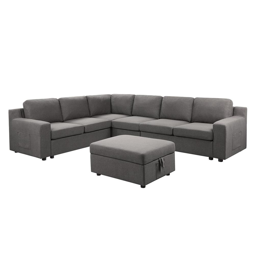 Waylon Gray Linen 7-Seater L-Shape Sectional Sofa with Storage Ottoman and Pockets. Picture 1