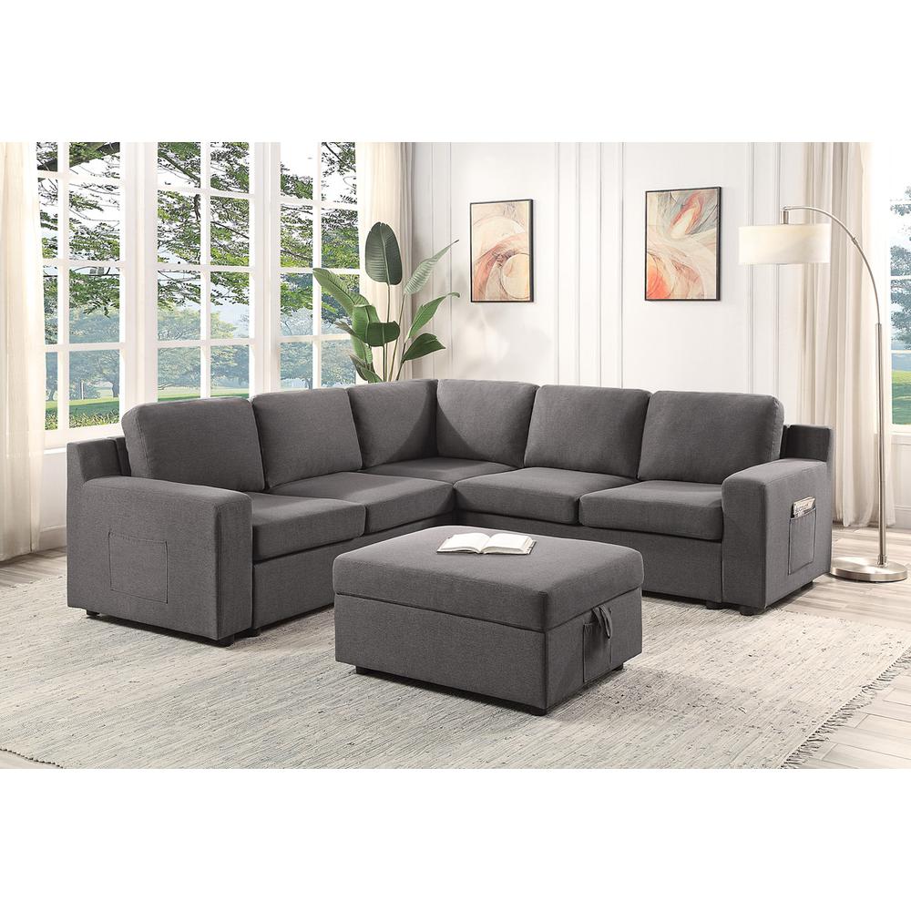Waylon Gray Linen 6-Seater L-Shape Sectional Sofa with Storage Ottoman and Pockets. Picture 1