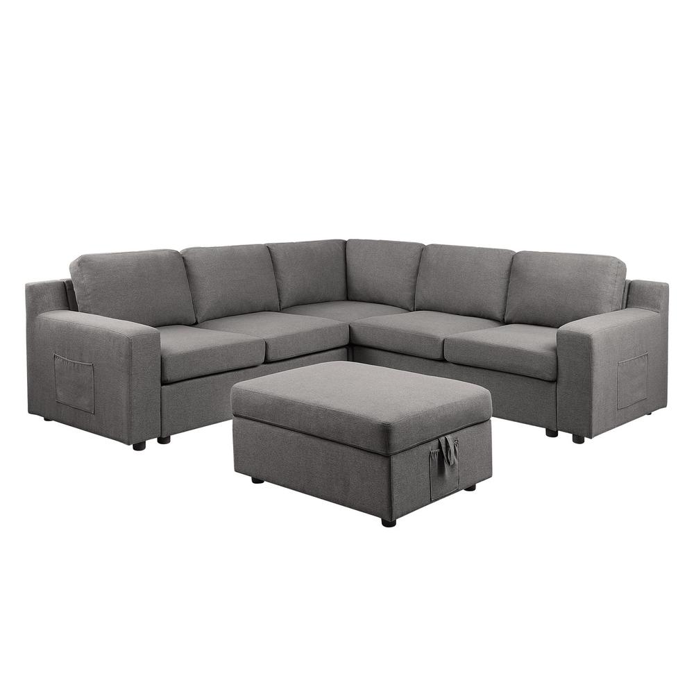 Waylon Gray Linen 6-Seater L-Shape Sectional Sofa with Storage Ottoman and Pockets. Picture 2