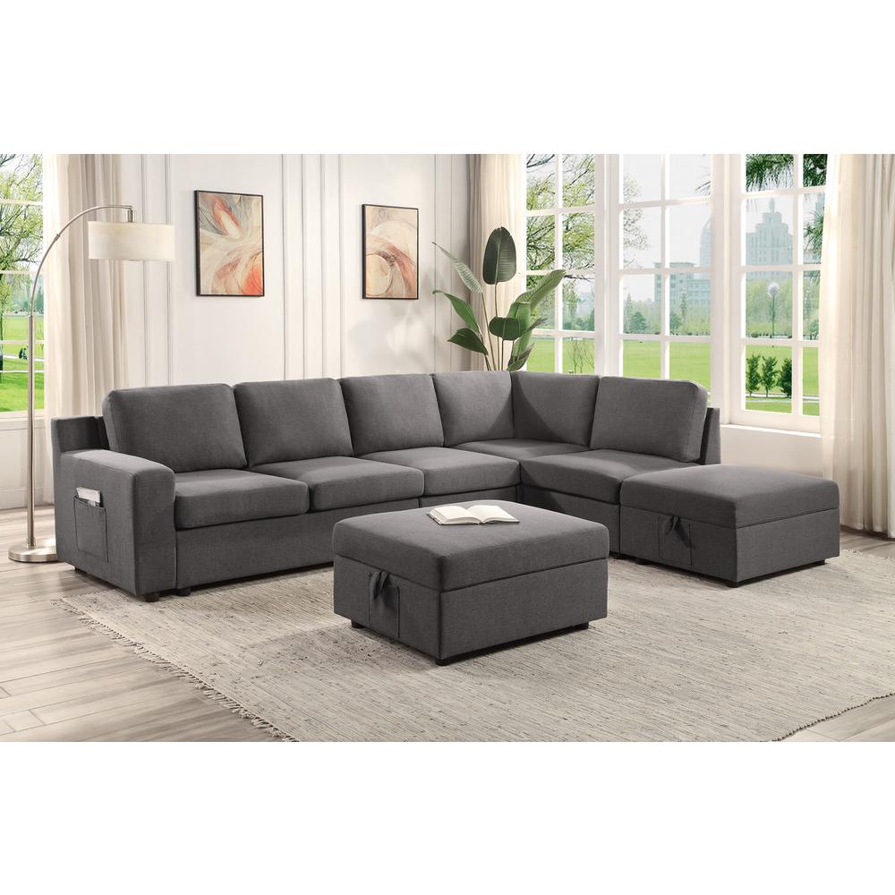 Waylon Gray Linen 7-Seater L-Shape Sectional Sofa with Storage Ottomans and Pockets. Picture 1