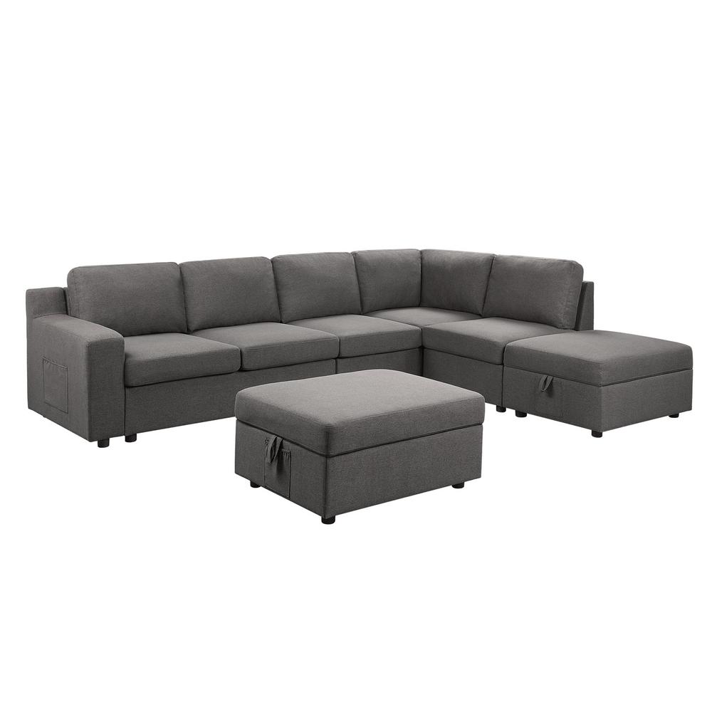 Waylon Gray Linen 7-Seater L-Shape Sectional Sofa with Storage Ottomans and Pockets. Picture 2