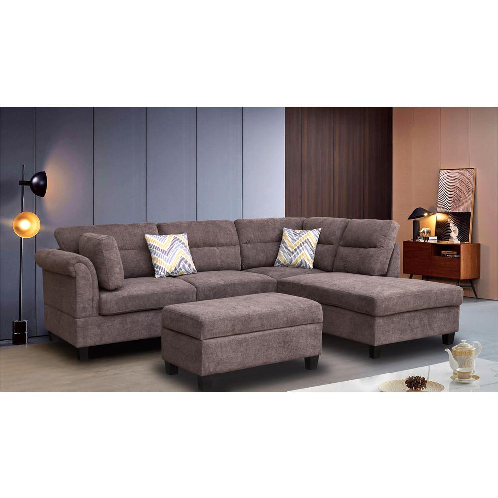 Dark Brown Sectional Sofa with Right Facing Chaise, Ottoman, and 2 Pillows. Picture 4