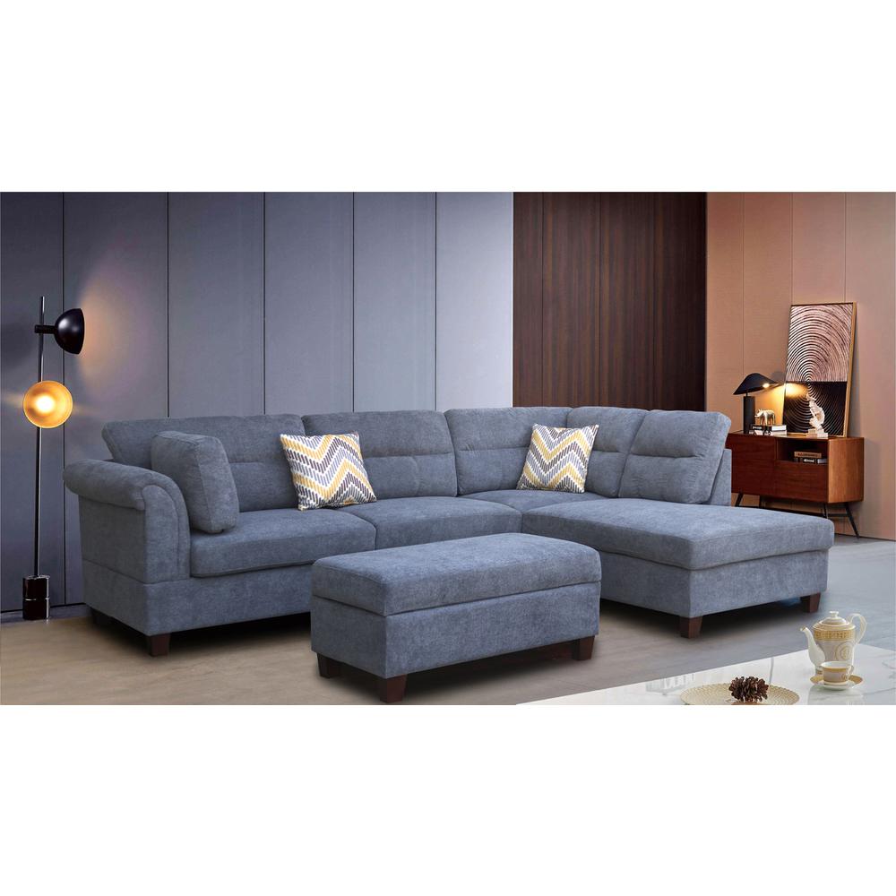 Diego Gray Fabric Sectional Sofa with Right Facing Chaise, Storage Ottoman, and 2 Accent Pillows. Picture 1