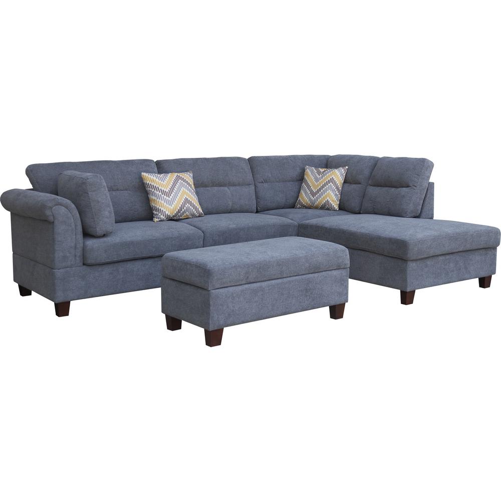 Diego Gray Fabric Sectional Sofa with Right Facing Chaise, Storage Ottoman, and 2 Accent Pillows. Picture 2