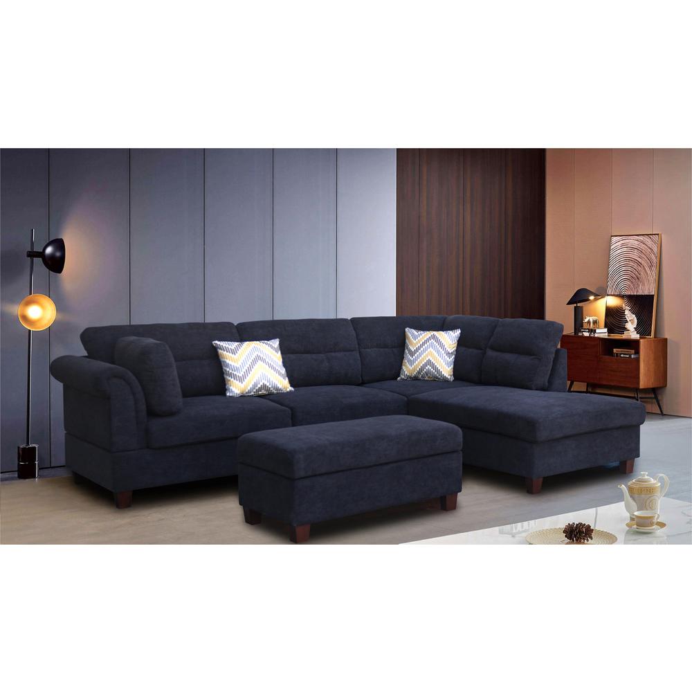 Diego Black Fabric Sectional Sofa with Right Facing Chaise, Storage Ottoman, and 2 Accent Pillows. Picture 1