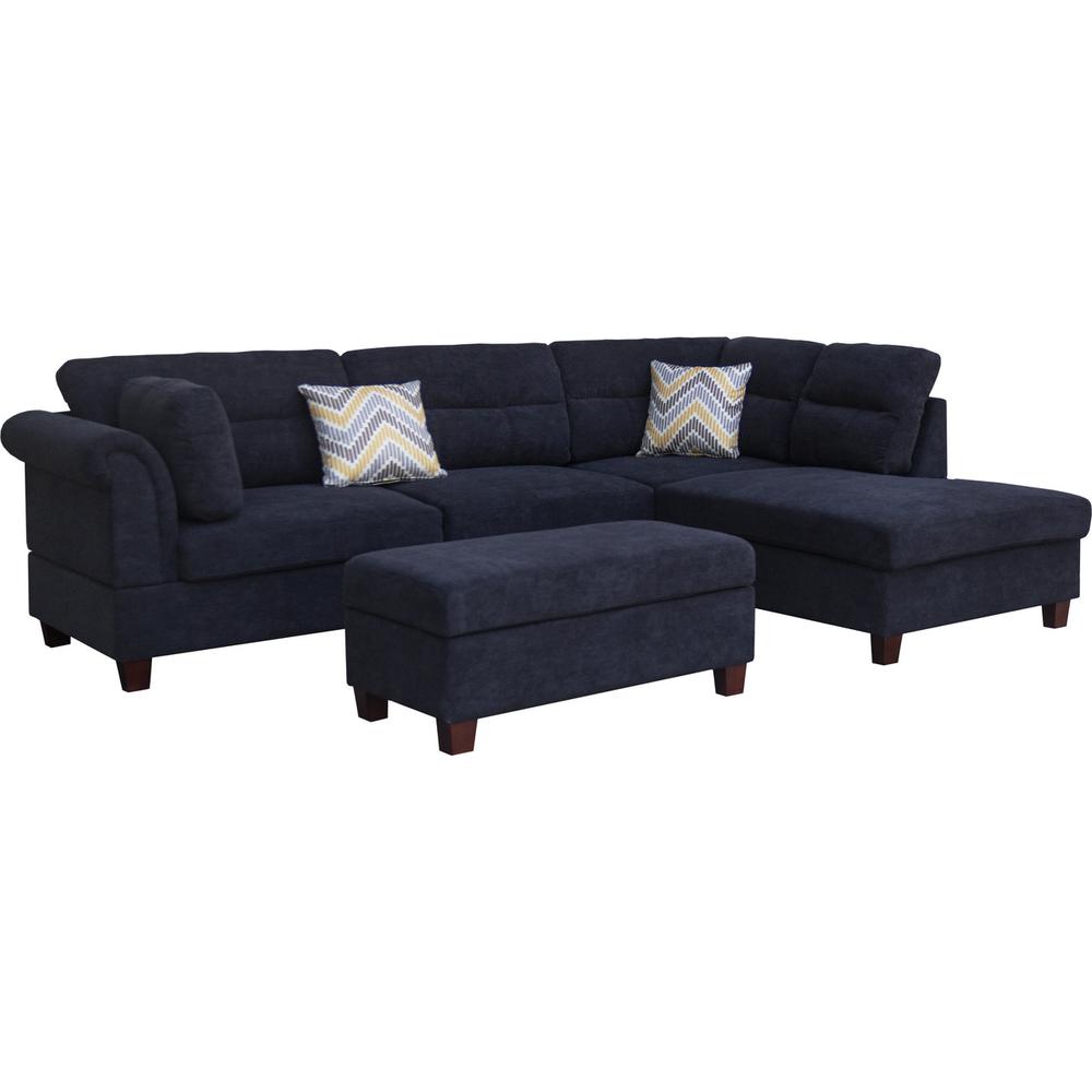 Diego Black Fabric Sectional Sofa with Right Facing Chaise, Storage Ottoman, and 2 Accent Pillows. Picture 2