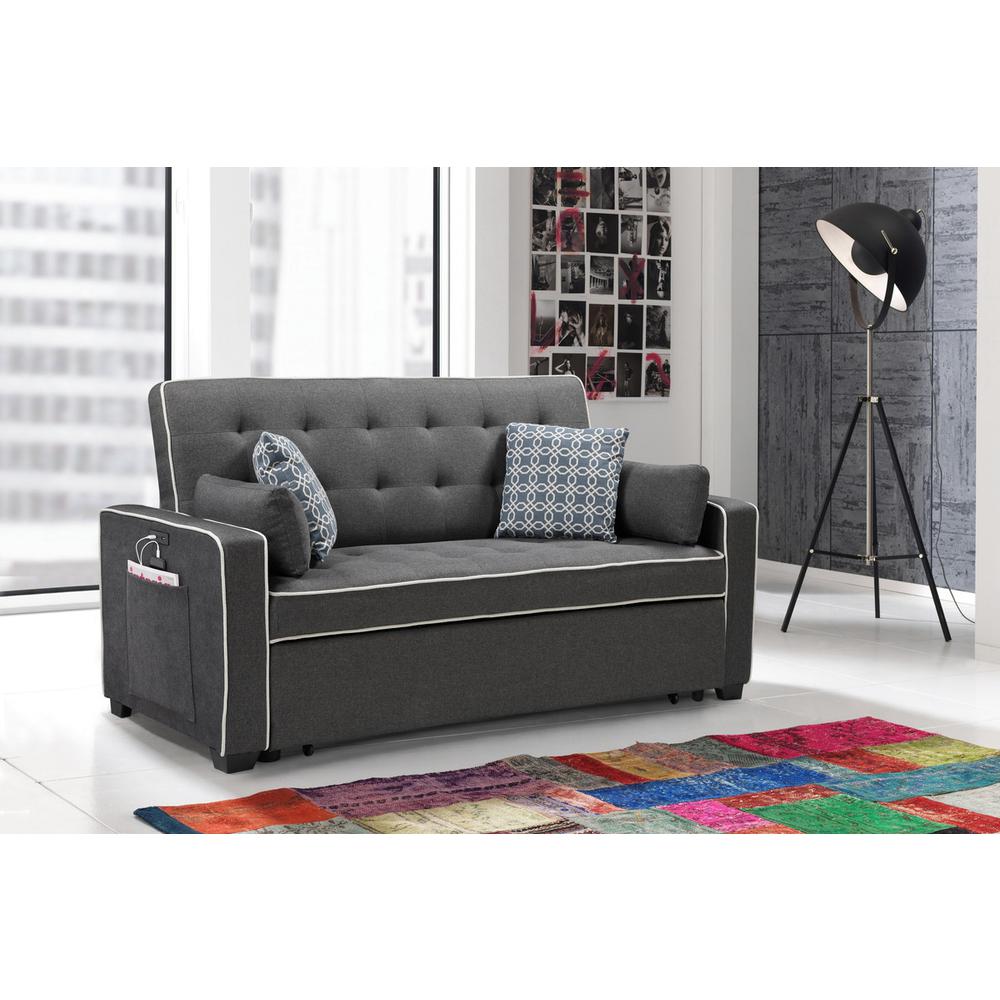 Cody Modern Gray Fabric Sleeper Sofa with 2 USB Charging Ports and 4 Accent Pillows. Picture 4