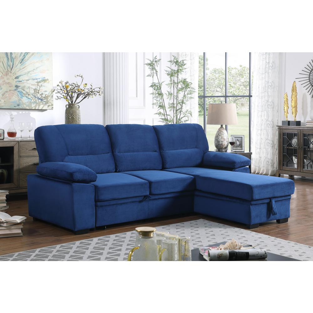 Kipling Blue Woven Fabric Reversible Sleeper Sectional Sofa Chaise. Picture 7