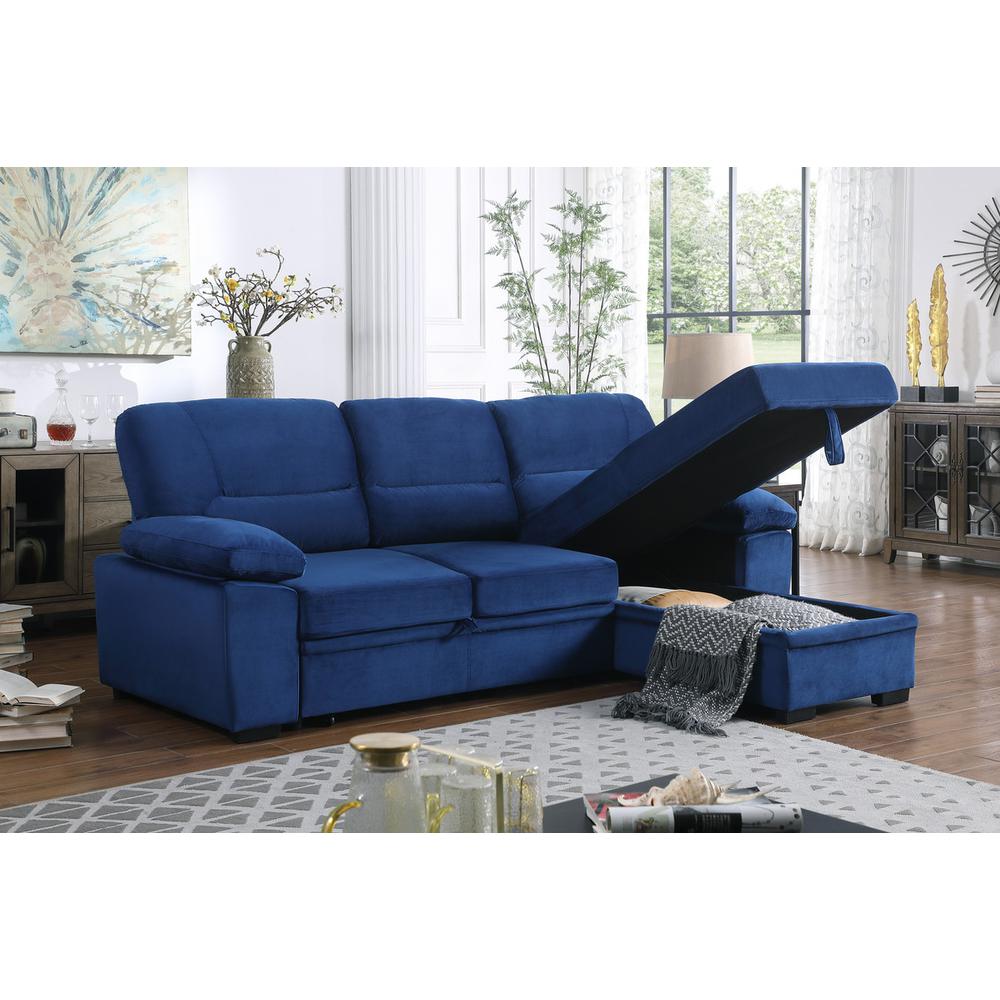 Kipling Blue Woven Fabric Reversible Sleeper Sectional Sofa Chaise. Picture 9